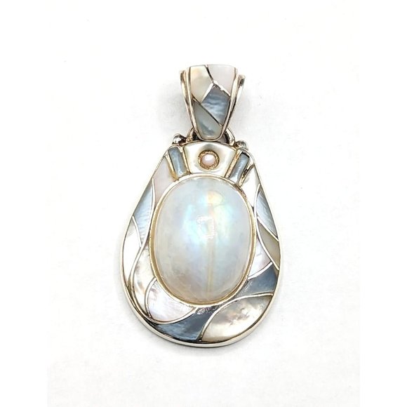 Ed Lohman Sterling Silver Rainbow Moonstone Mother Of Pearl MOP Inlay Pendant - Picture 1 of 10